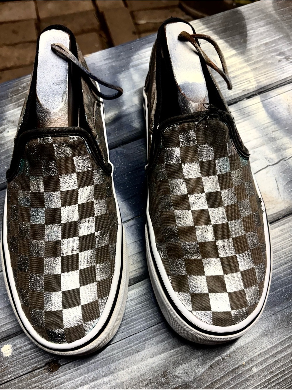 Vans white and brown checkerboard slip-on sneakers #skateboarding women’s 8.5